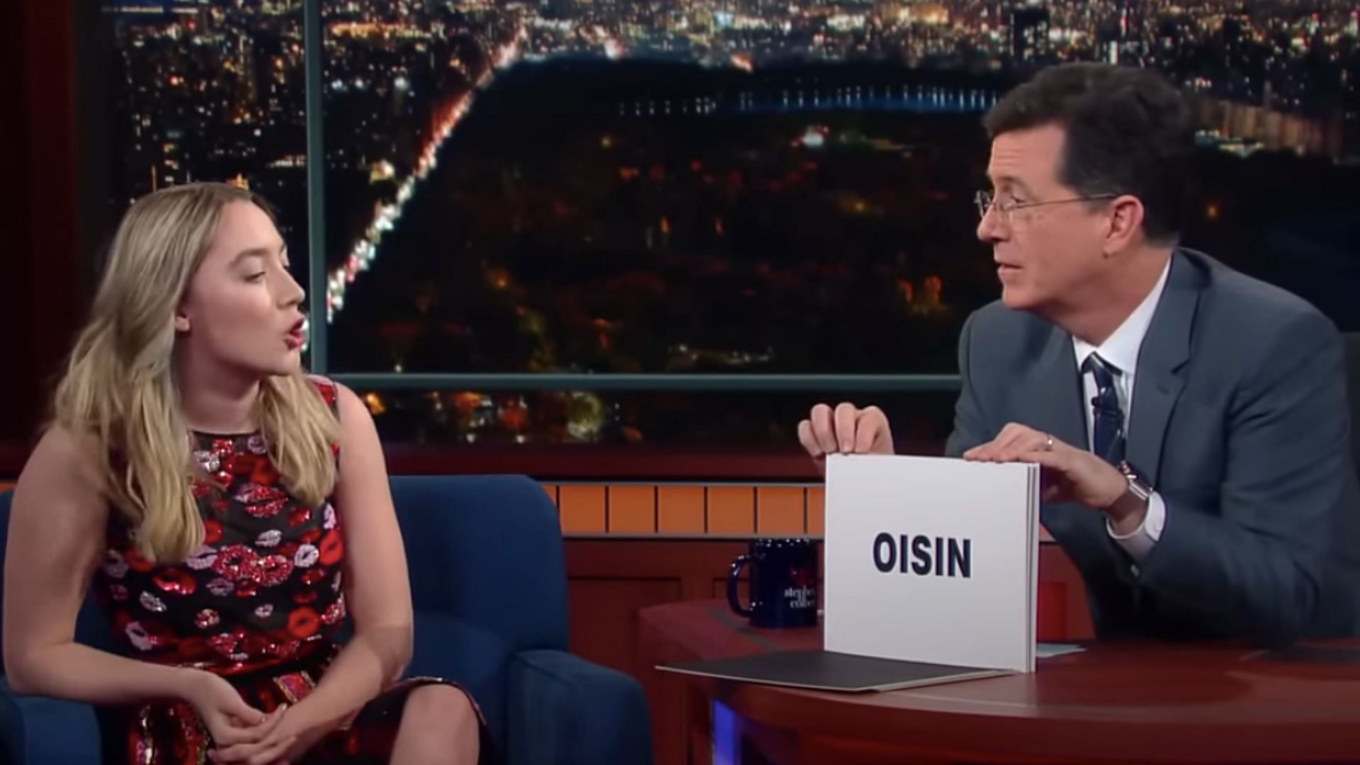 Ronan and Colbert practice Irish names (Image via YouTube/The Late Show with Stephen Colbert)